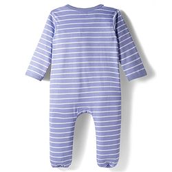 Babyhug Interlock Knit Full Sleeves Striped Footed Sleepsuit With Dino Print - Blue
