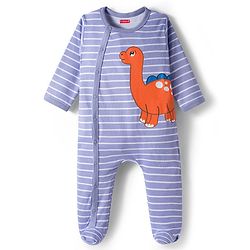 Babyhug Interlock Knit Full Sleeves Striped Footed Sleepsuit With Dino Print - Blue