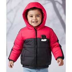 Babyhug Woven Full Sleeves Hooded Padded Jacket With Alphabet Embroidery - Black & Red