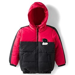 Babyhug Woven Full Sleeves Hooded Padded Jacket With Alphabet Embroidery - Black & Red