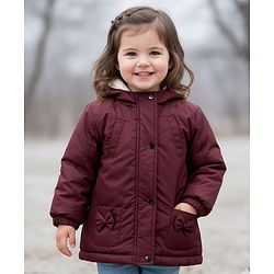 Babyhug Woven Full Sleeves Solid Color Hooded Puffer Jacket with Bow Applique - Wine
