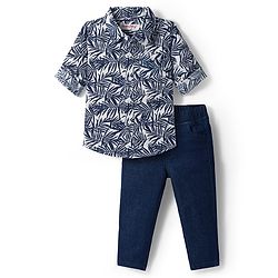 Babyhug Cotton Woven Full Sleeves Shirt and Jeans Set With Leaves Print - Navy Blue & White