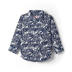 Babyhug Cotton Woven Full Sleeves Shirt and Jeans Set With Leaves Print - Navy Blue & White
