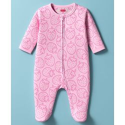 Babyhug Cotton Knit Full Sleeves Footed Sleepsuit With Stawberry Print - Pink