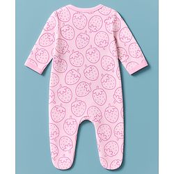 Babyhug Cotton Knit Full Sleeves Footed Sleepsuit With Stawberry Print - Pink