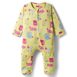 Babyhug Interlock Knit Full Sleeves Sleepsuit With Cat Print - Yellow