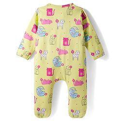 Babyhug Interlock Knit Full Sleeves Sleepsuit With Cat Print - Yellow