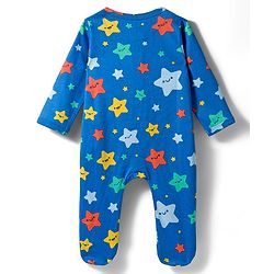 Babyhug Cotton Knit Full Sleeves Footed Sleepsuit With Star Print - Blue