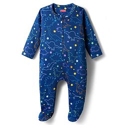 Babyhug Cotton Knit Full Sleeves Footed Sleepsuit With Dino Print - Blue