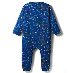 Babyhug Cotton Knit Full Sleeves Footed Sleepsuit With Dino Print - Blue