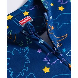 Babyhug Cotton Knit Full Sleeves Footed Sleepsuit With Dino Print - Blue