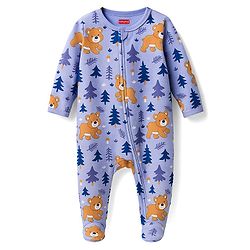 Babyhug Cotton Knit Full Sleeves Sleepsuit With Animal Print - Lavender