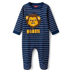 Babyhug Cotton Knit Full Sleeves Footed Sleepsuit With Stripes & Animal Print - Navy Blue