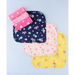 Babyhug Cotton Knit Wash Cloth with Floral Print Pack of 6 - Navy Blue Pink & Yellow