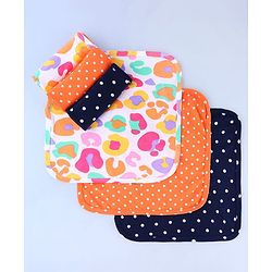 Babyhug Cotton Knit Wash Cloths with Floral & Polka Dot Pack Of 6 L 25.4 x B 25.4 cm - White Orange & Navy Blue