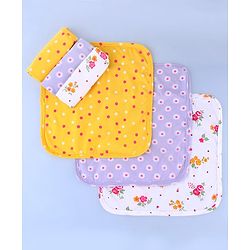 Babyhug Cotton Knit Wash Cloths with Floral Print Pack Of 6 L 25.4 x B 25.4 cm - White Yellow & Plum