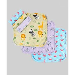Babyhug Cotton Knit Wash Cloth with Animal & Sea Life Print Pack of 6 - Yellow Lilac & Light Blue