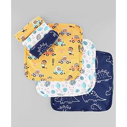 Babyhug Cotton Knit Wash Cloth with Animal & Vehicle Print Pack of 6 - Yellow White & Navy Blue