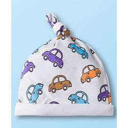 Babyhug 100% Cotton Knit Cap with Vehicle Print Pack of 2 White & Orange - 14 cm Diameter