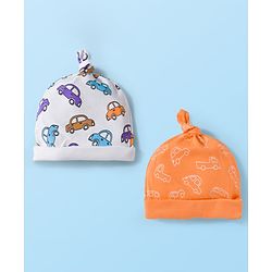 Babyhug 100% Cotton Knit Cap with Vehicle Print Pack of 2 White & Orange - 14 cm Diameter