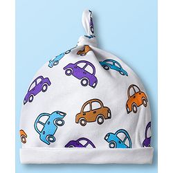 Babyhug 100% Cotton Knit Cap with Vehicle Print Pack of 2 White & Orange - 14 cm Diameter