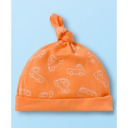 Babyhug 100% Cotton Knit Cap with Vehicle Print Pack of 2 White & Orange - 14 cm Diameter