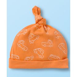 Babyhug 100% Cotton Knit Cap with Vehicle Print Pack of 2 White & Orange - 14 cm Diameter