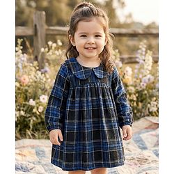 Babyhug Cotton Woven Full Sleeves Checkered Peter Pan Collared Frock - Blue