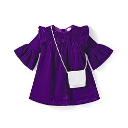 Babyhug Cotton Woven Full Bell Sleeves Solid Color Frock with Sling Bag & Bow Applique - Purple