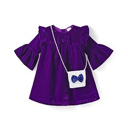 Babyhug Cotton Woven Full Bell Sleeves Solid Color Frock with Sling Bag & Bow Applique - Purple