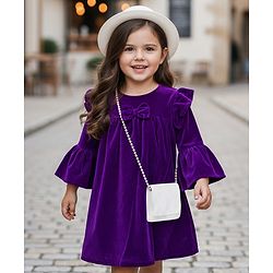 Babyhug Cotton Woven Full Bell Sleeves Solid Color Frock with Sling Bag & Bow Applique - Purple