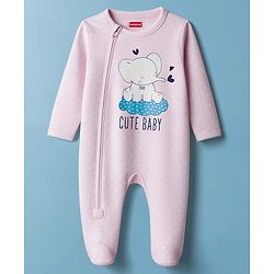 Babyhug Cotton Knit Full Sleeves Sleepsuit With Animal Print - Pink