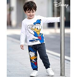 Babyhug Disney Single Jersey Knit Full Sleeves T-Shirt and Track Pant with Mickey Mouse and Friends Graphic - White & Black