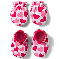 Babyhug 100% Cotton Knit  Mittens & Booties Set with Heart Print - Pink