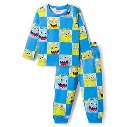 Babyhug Cotton Knit Full Sleeves Co-ords Night Suit With Animal Print - Blue