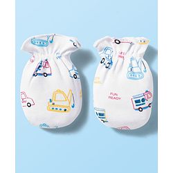 Babyhug 100% Cotton Knit  Mittens & Booties Set with Vehicle Print - White