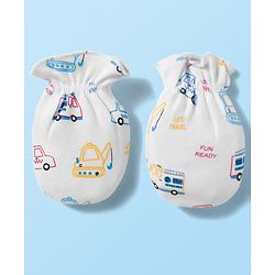Babyhug 100% Cotton Knit  Mittens & Booties Set with Vehicle Print - White