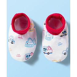 Babyhug 100% Cotton Knit  Mittens & Booties Set with Vehicle Print - White