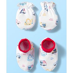 Babyhug 100% Cotton Knit  Mittens & Booties Set with Vehicle Print - White