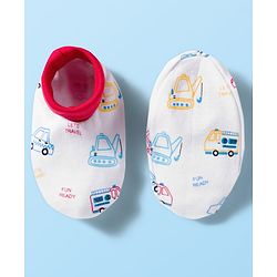 Babyhug 100% Cotton Knit  Mittens & Booties Set with Vehicle Print - White
