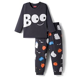 Babyhug Cotton Knit Full Sleeve Night Suit with Ghost Print - Charcoal Grey