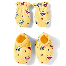 Babyhug 100% Cotton Knit Mittens and Bootie Set with Vehicle - Yellow