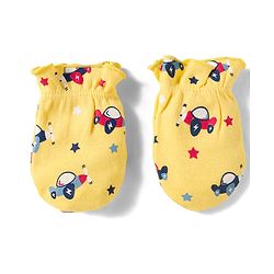 Babyhug 100% Cotton Knit Mittens and Bootie Set with Vehicle - Yellow