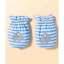 Babyhug 100% Cotton Knit Mittens and Bootie Set with Stripes & Animal Print - White & Blue