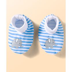 Babyhug 100% Cotton Knit Mittens and Bootie Set with Stripes & Animal Print - White & Blue