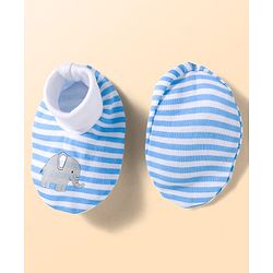 Babyhug 100% Cotton Knit Mittens and Bootie Set with Stripes & Animal Print - White & Blue