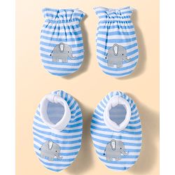 Babyhug 100% Cotton Knit Mittens and Bootie Set with Stripes & Animal Print - White & Blue