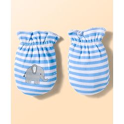 Babyhug 100% Cotton Knit Mittens and Bootie Set with Stripes & Animal Print - White & Blue
