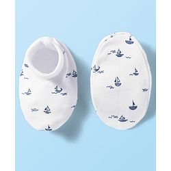 Babyhug 100% Cotton Knit  Mittens & Booties Set with Nautical Print - White