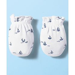 Babyhug 100% Cotton Knit  Mittens & Booties Set with Nautical Print - White